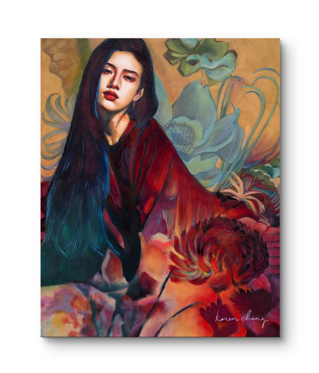 Colorful painting of a woman with floral elements on a beige background