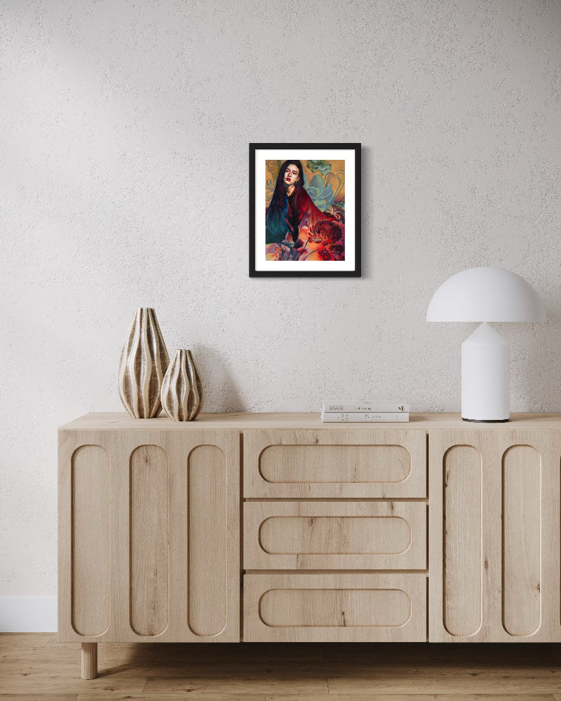Wooden sideboard with decorative vases and a lamp against a light gray wall with a framed abstract painting.