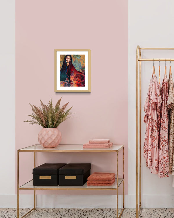 Room interior with a pink wall, shelf with decorative items, and clothing rack.
