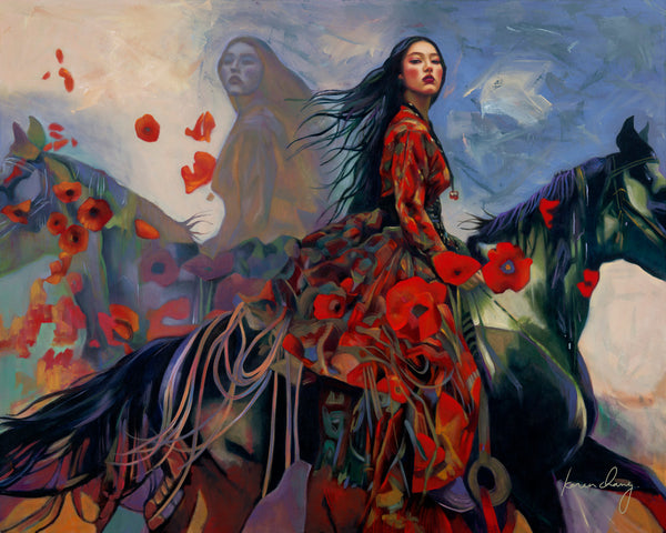 Painting of a woman on horseback with flowers and abstract elements
