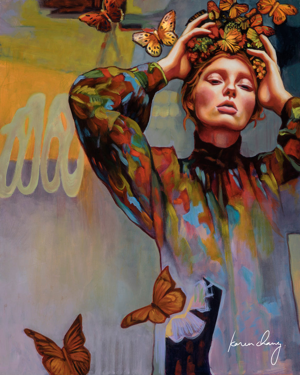 Colorful artwork of a woman with butterflies and flowers, signed 'Karen Chang'.