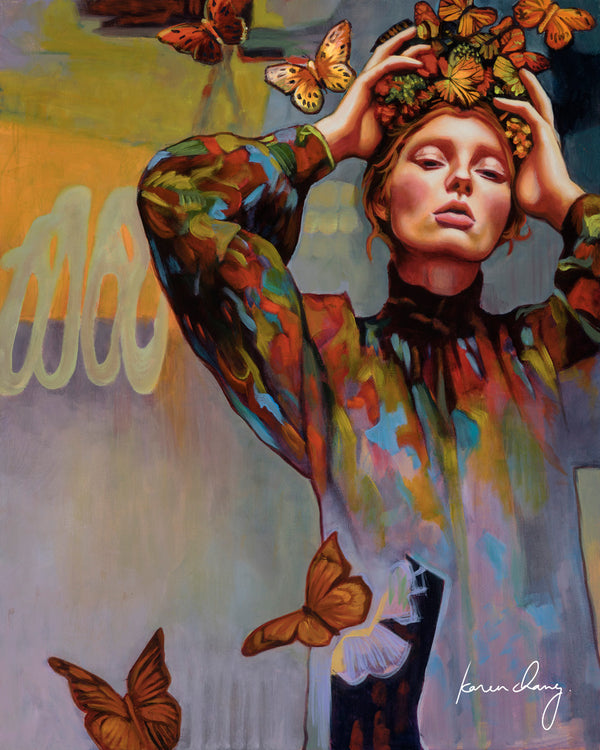 Colorful artwork of a woman with butterflies and flowers, signed 'Karen Chang'.