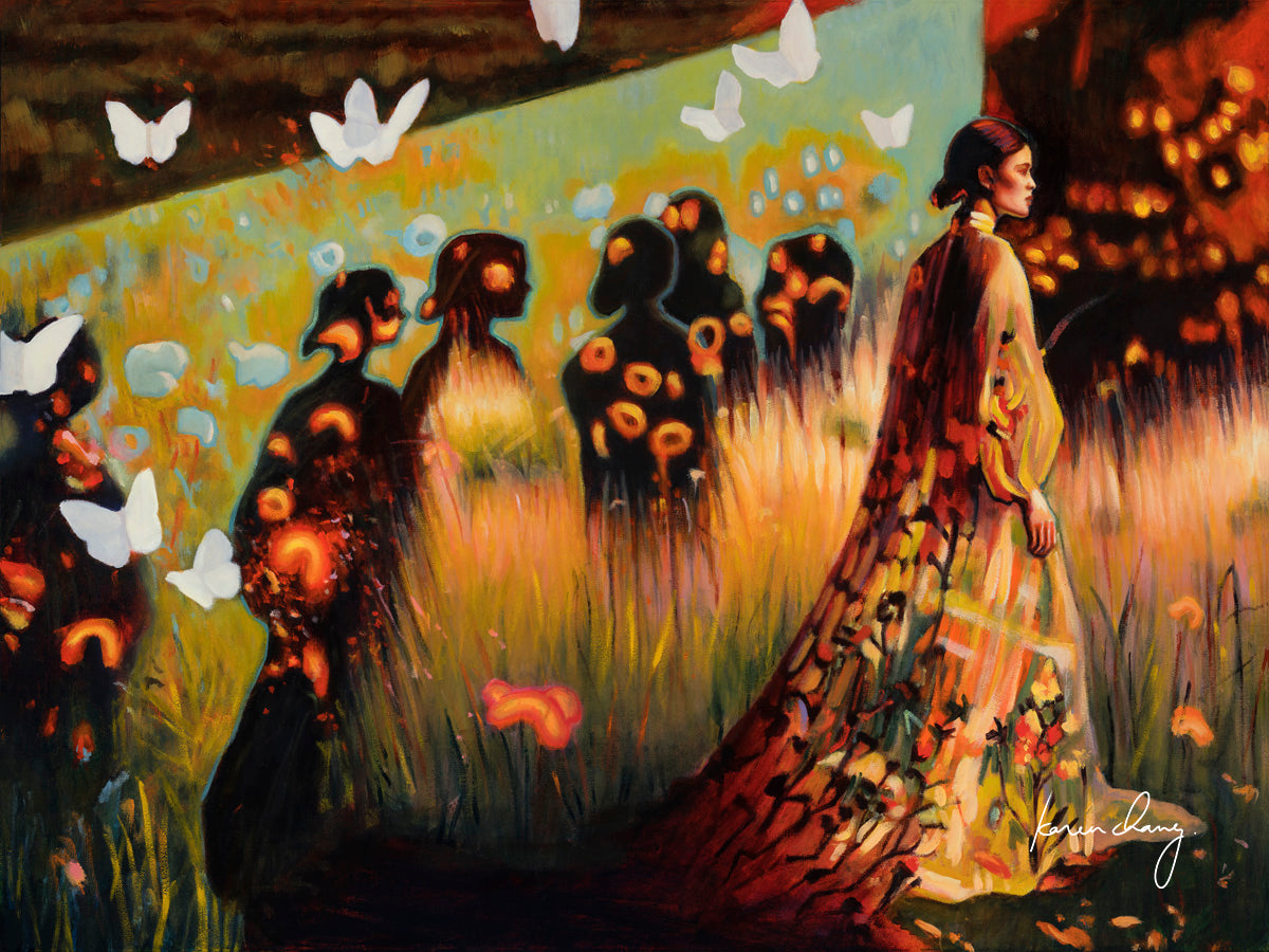 Woman in a colorful dress walking through a field with silhouettes and butterflies