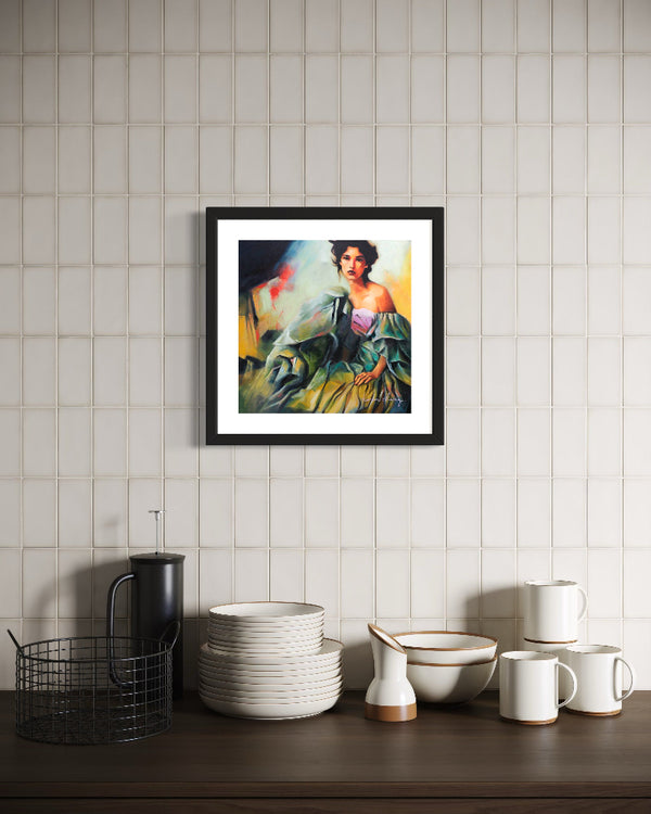 Framed painting of a woman on a wall above a kitchen counter with various items.