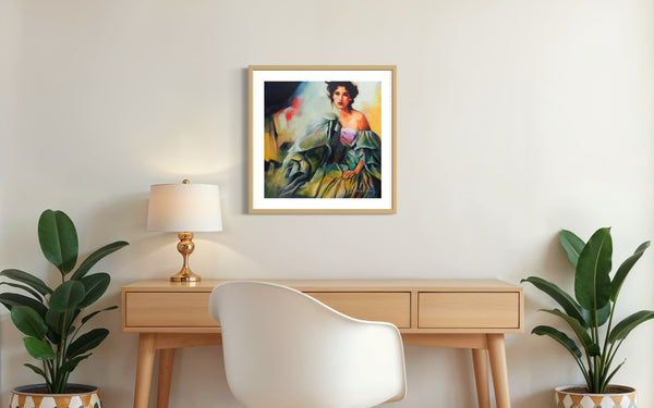 Framed painting on a wall above a wooden desk with a chair and plants.