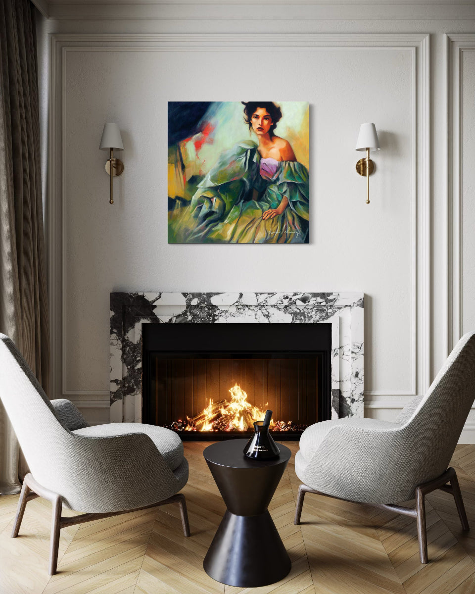Modern living room with a fireplace, two chairs, and a colorful painting on the wall.
