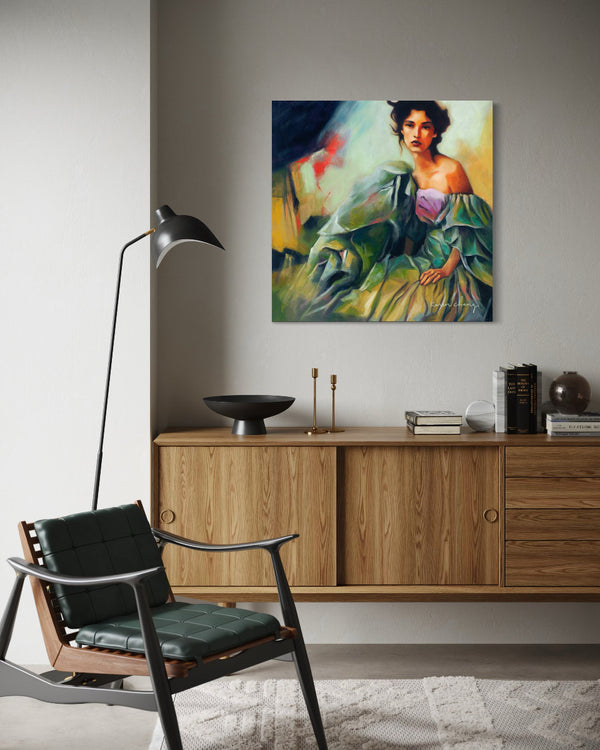 Living room with a painting of a woman on the wall above a wooden cabinet.