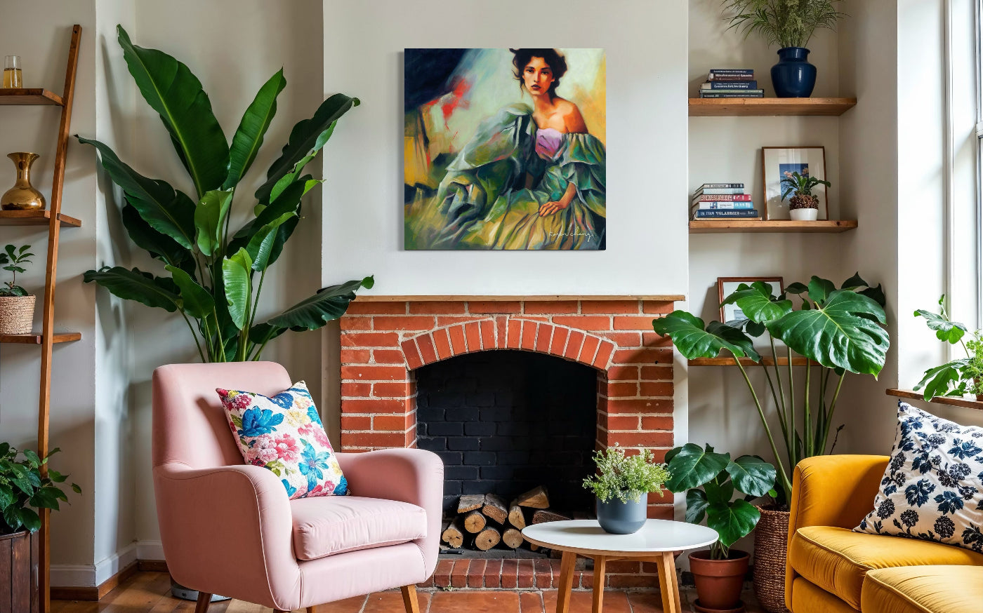 Living room with pink armchair, yellow sofa, and decorative elements.