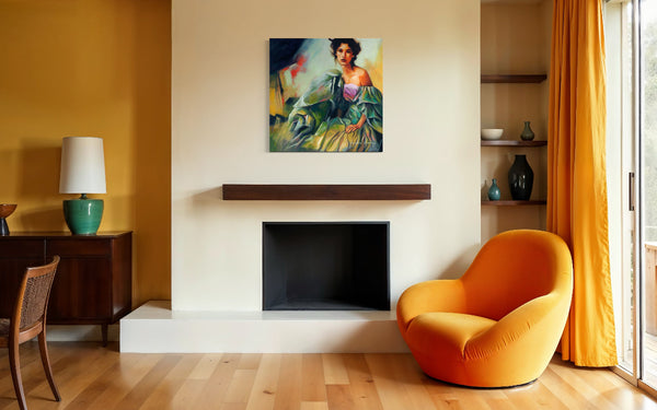 Modern living room with an orange chair, fireplace, and artwork on a wall.