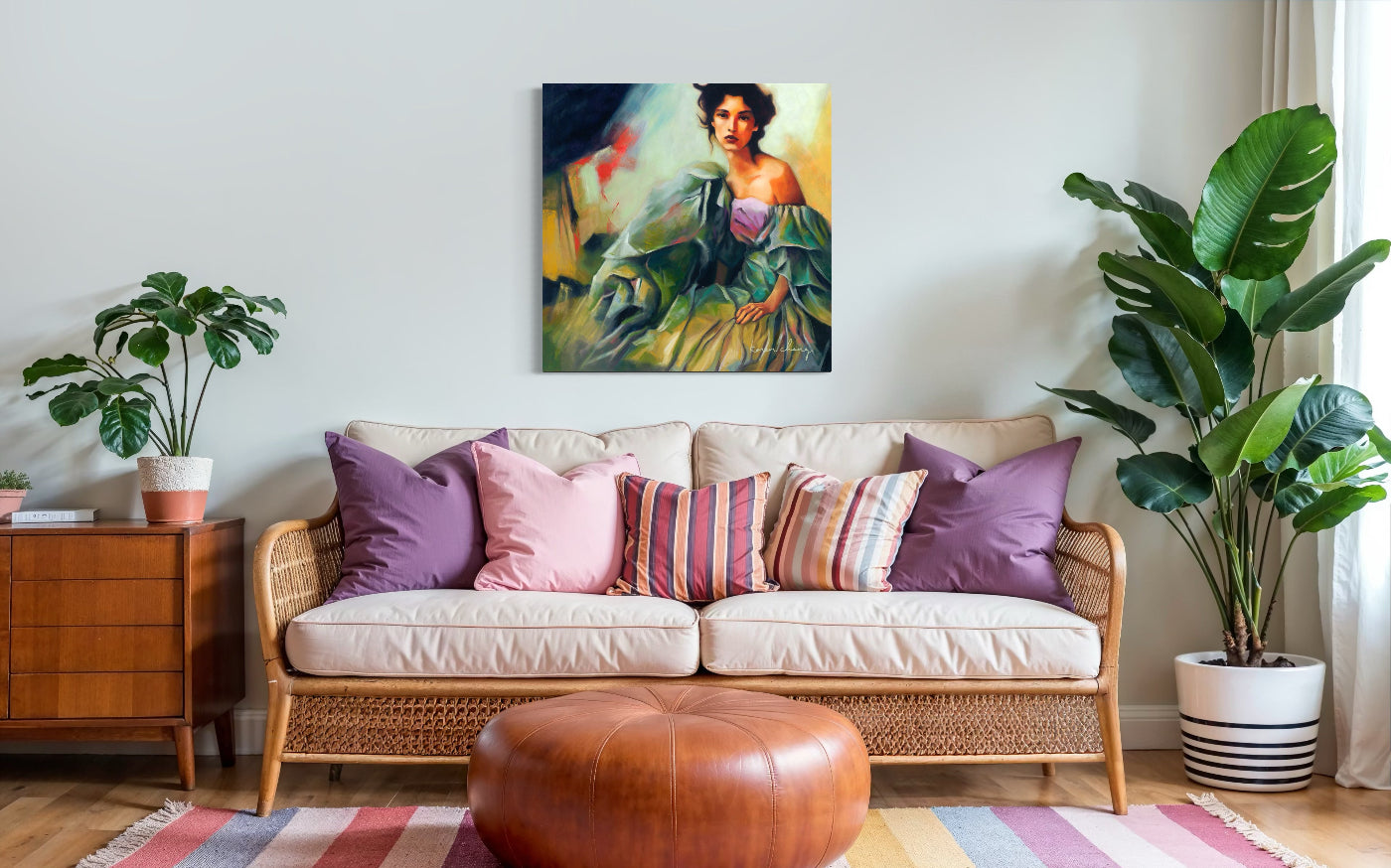 Living room with a beige sofa, colorful pillows, a painting on the wall, and plants.