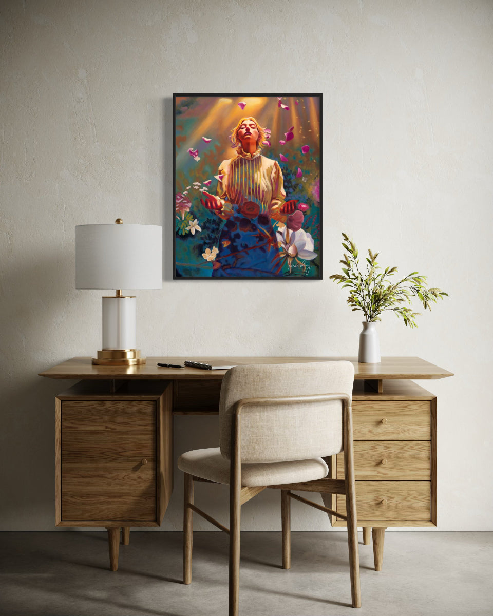 Wooden desk with chair, lamp, and decorative painting on a wall.
