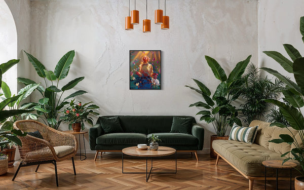Modern living room with green sofa, wicker chair, and potted plants.