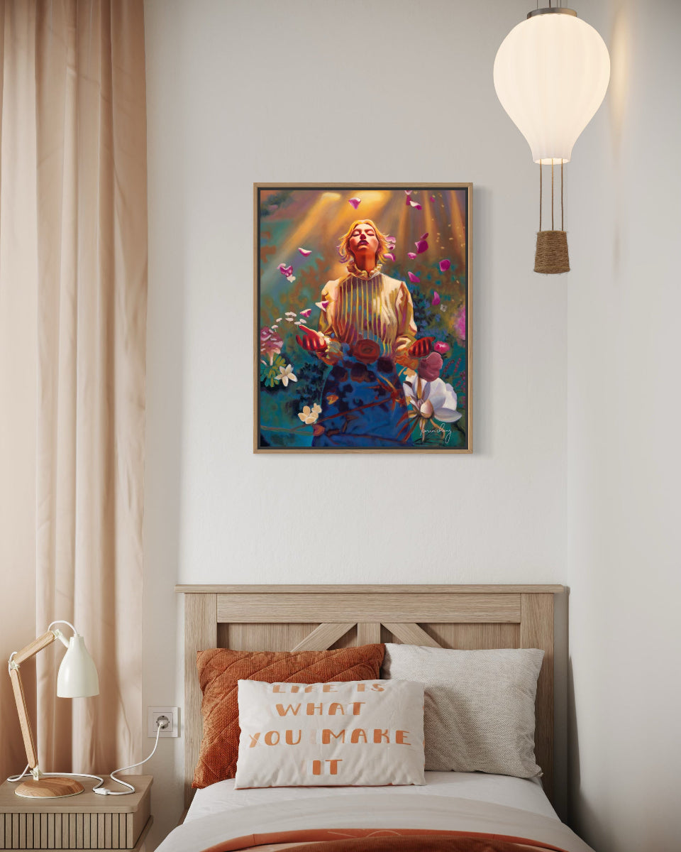 Bedroom with a colorful painting of a woman surrounded by flowers on the wall above a bed.