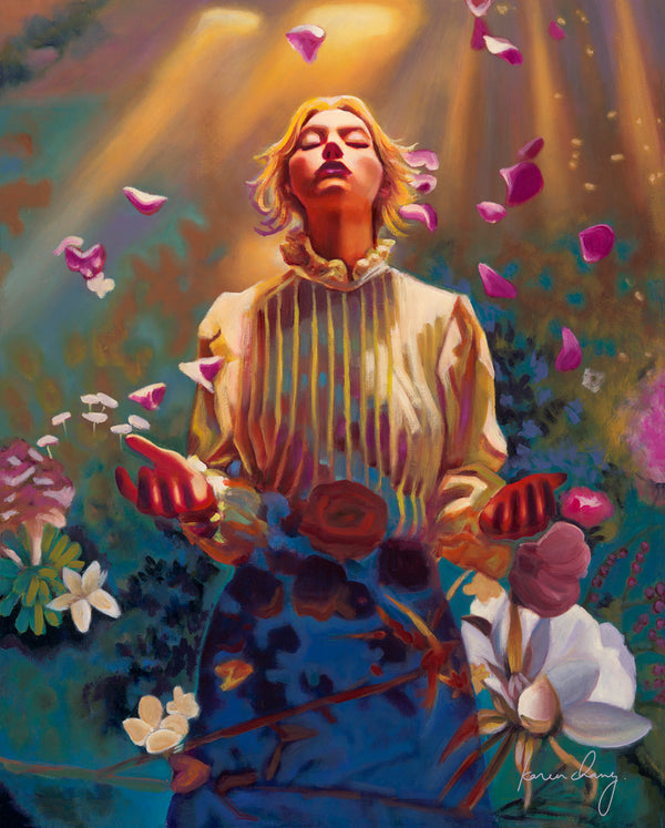 Woman in a floral dress surrounded by flowers and butterflies with a colorful, artistic background.