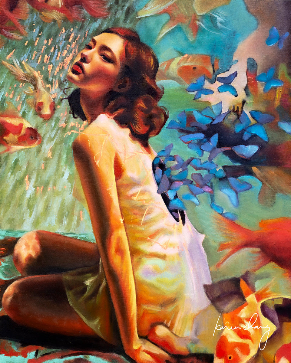 Woman sitting underwater with fish and butterflies in a colorful underwater scene