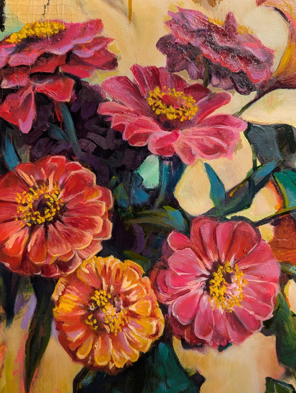 Colorful floral painting with pink, red, and yellow flowers on a light background