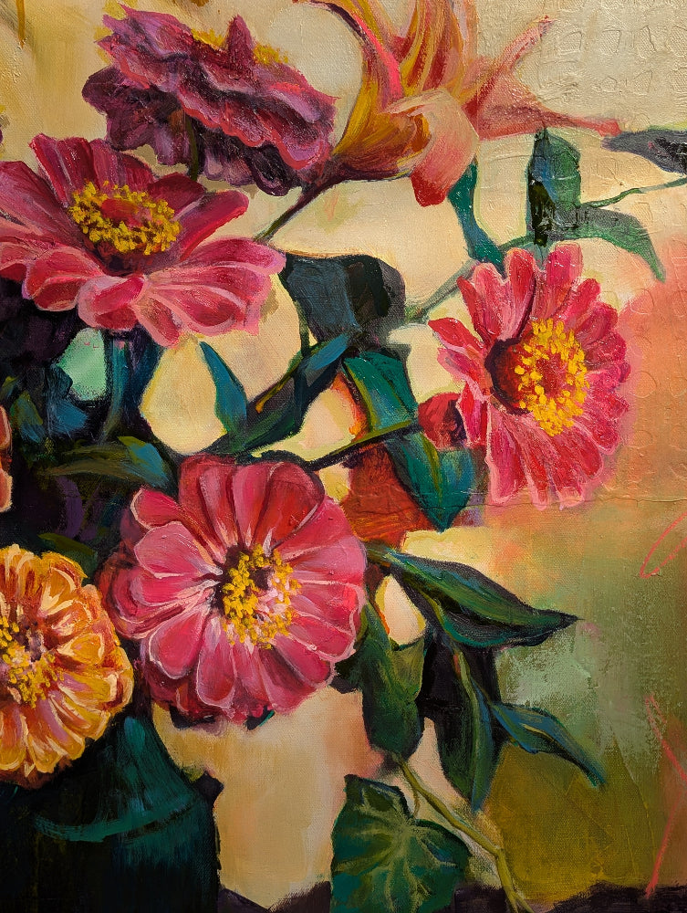 Colorful floral painting with pink, red, and yellow flowers on a textured background