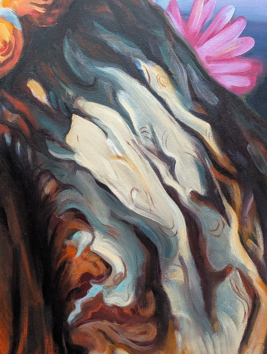 Abstract painting with swirling colors and floral elements