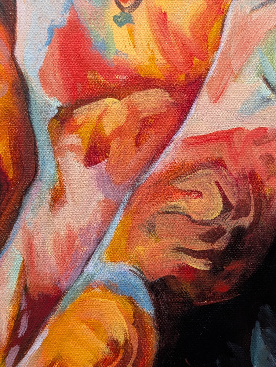 Close-up of a colorful floral painting with vibrant red, orange, and yellow hues.