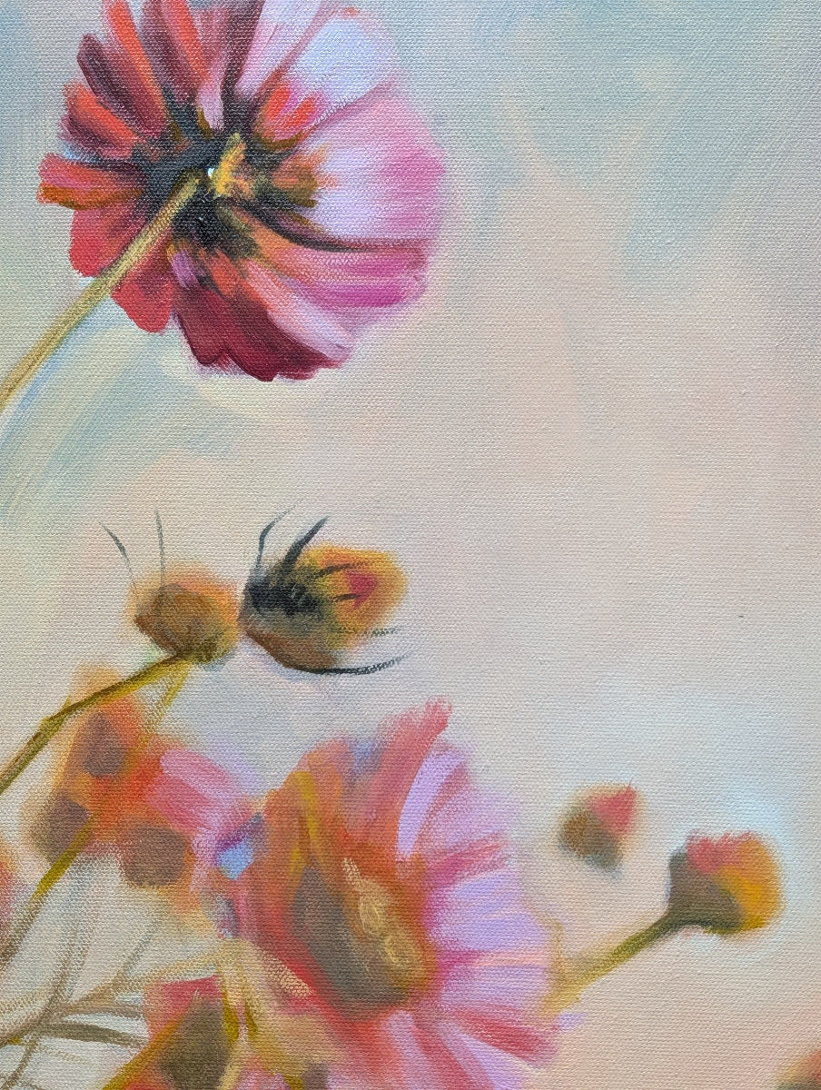 Painting of a bee and flowers on a textured beige background