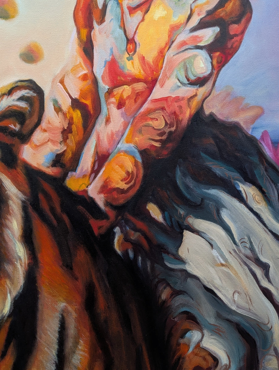 Colorful abstract painting with swirling patterns and warm tones