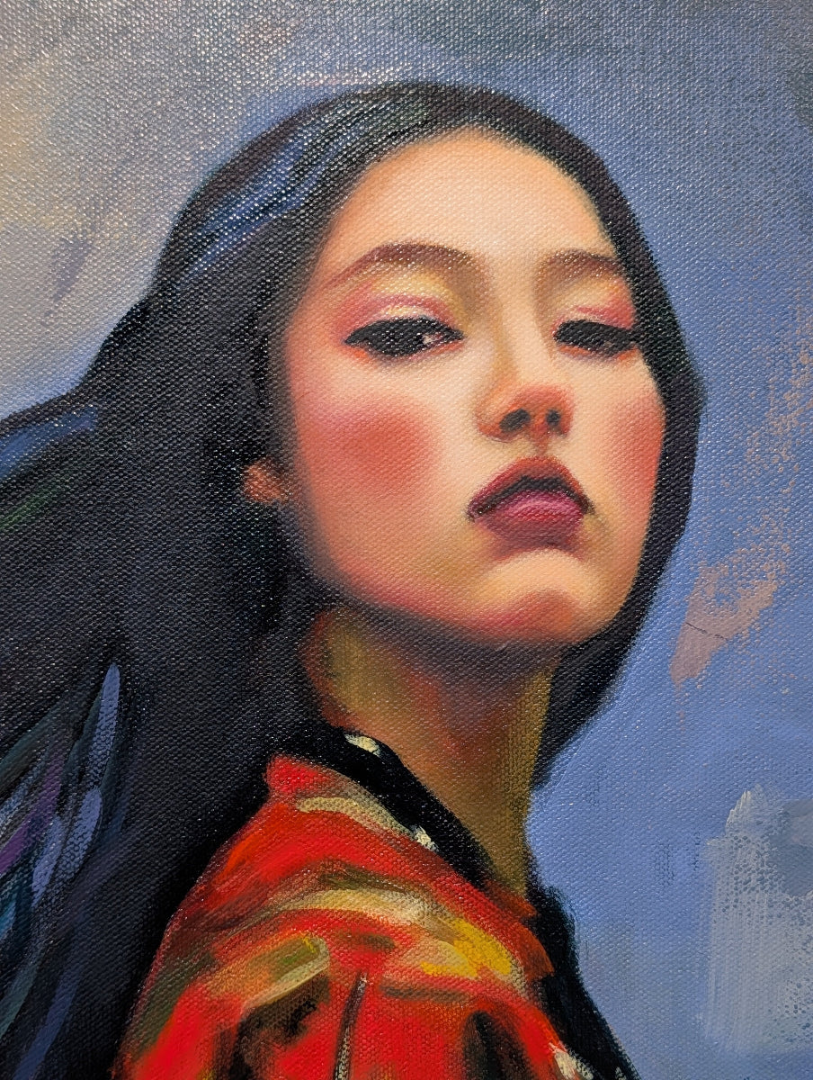 Artistic depiction of a person with dark hair and a colorful garment against a blue background