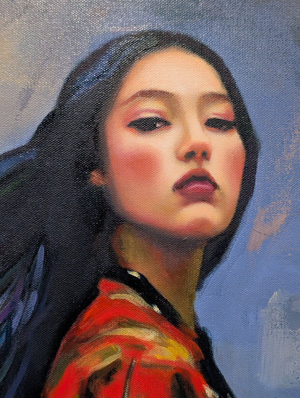 Artistic depiction of a person with dark hair and a colorful garment against a blue background