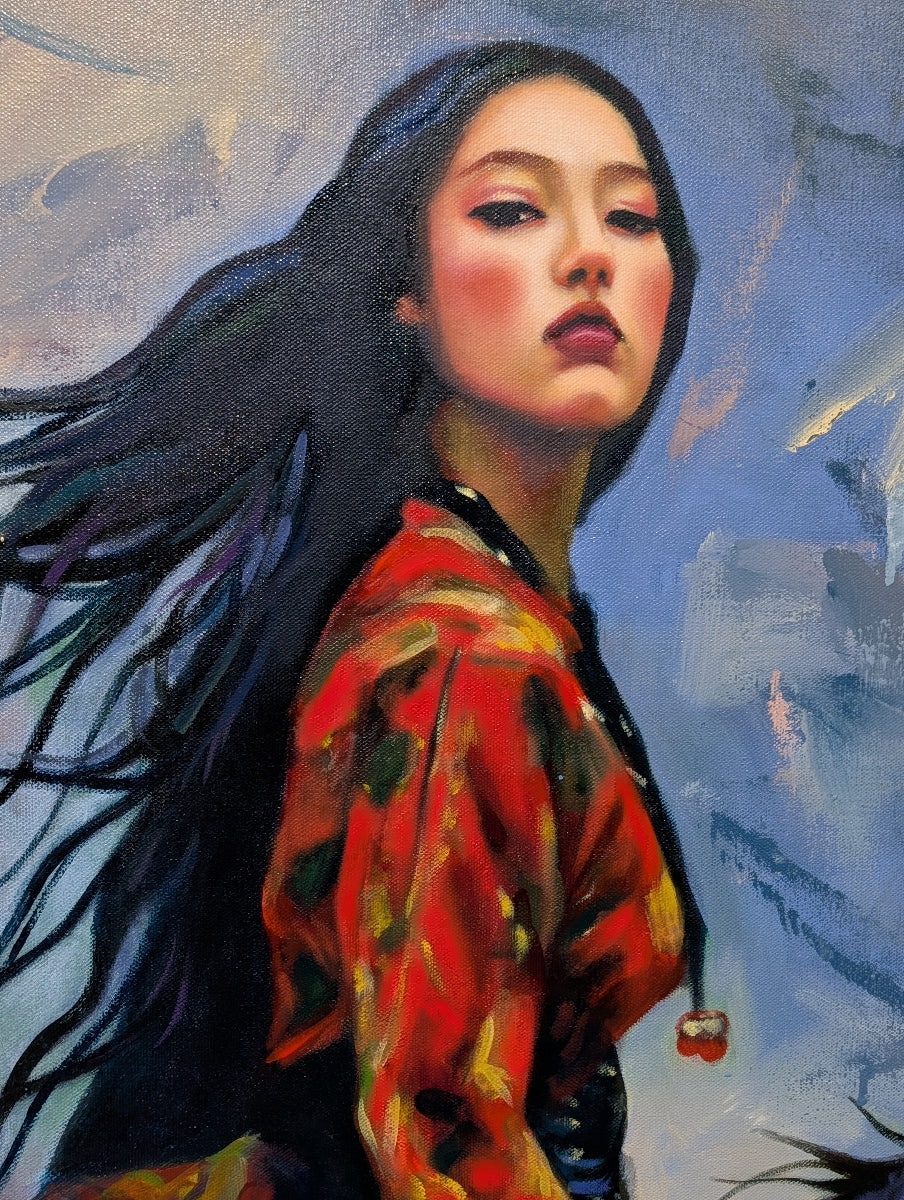Artistic depiction of a woman with flowing hair and a colorful outfit against a blue background