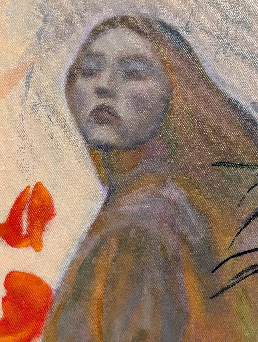 Artistic depiction of a figure with a hood and red flowers in the foreground