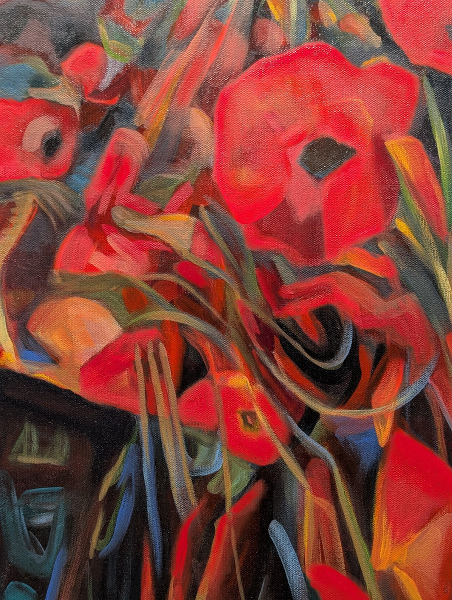 Abstract painting of red flowers with a dark background