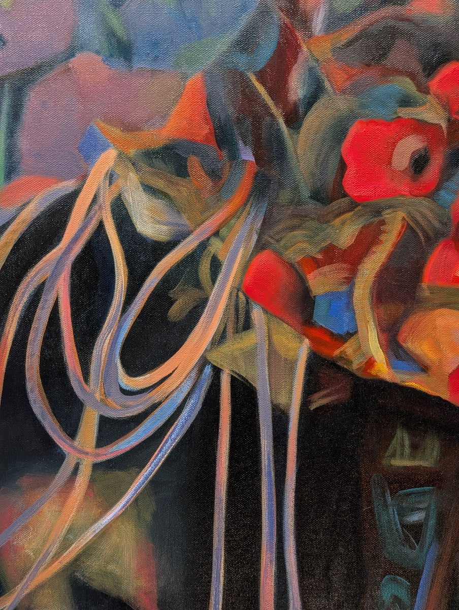 Colorful abstract painting of a horse with floral elements