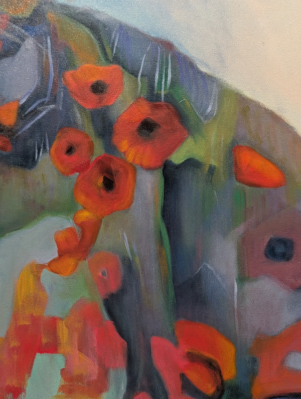 Abstract painting with orange flowers and green leaves