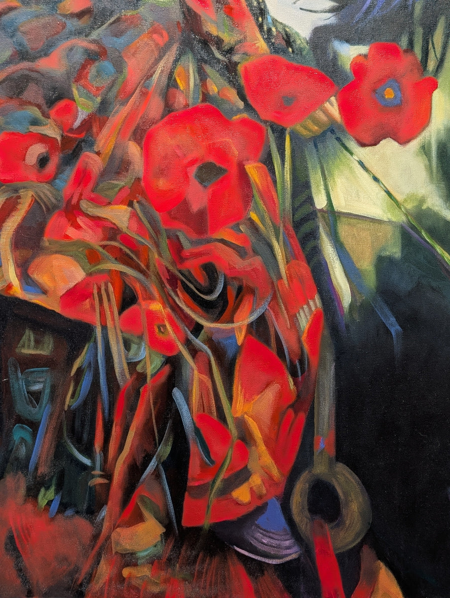 Abstract painting with red flowers and colorful background