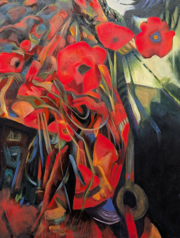 Abstract painting with red flowers and colorful background