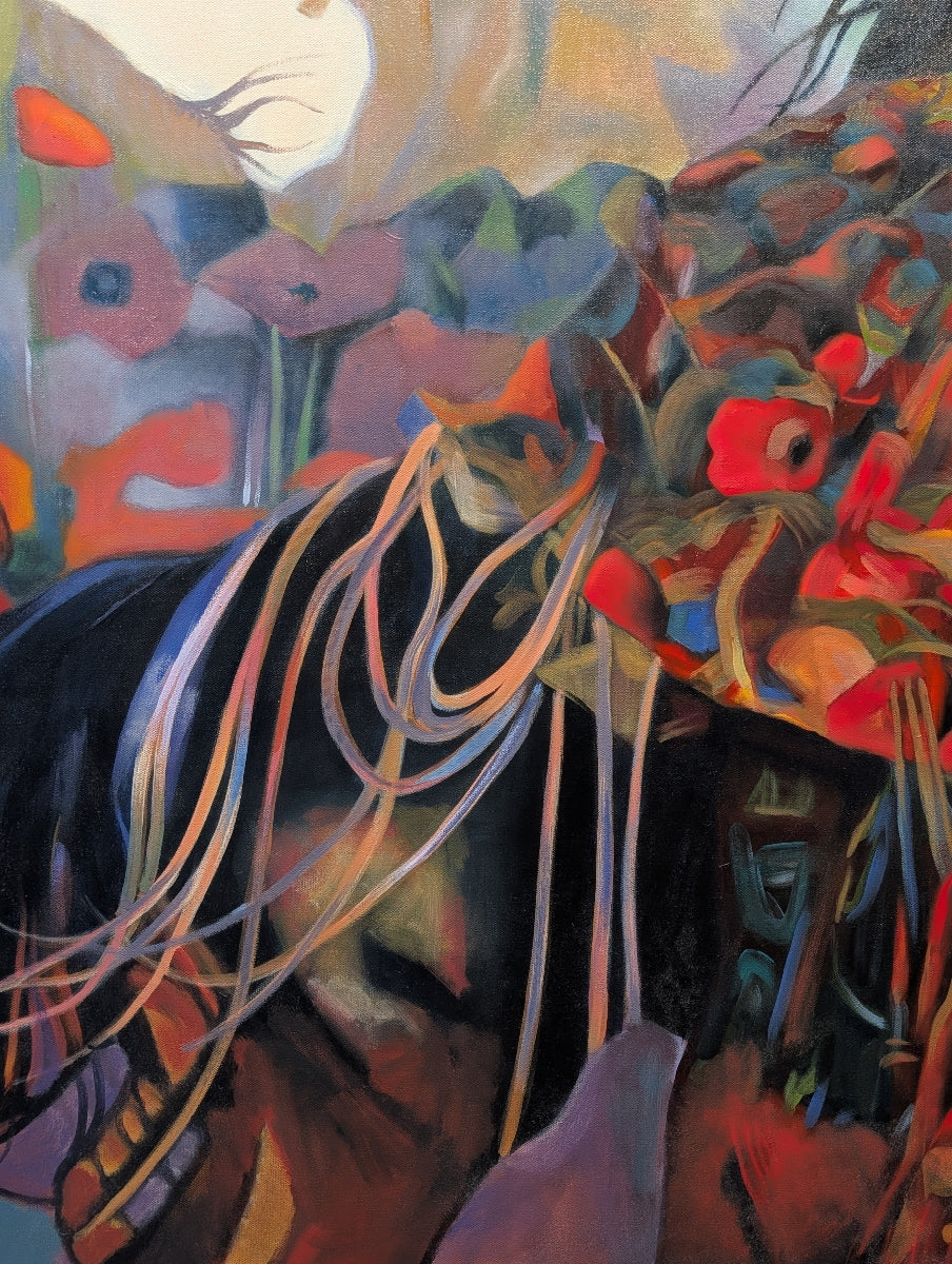 Colorful abstract painting of a horse with flowers and animals in the background