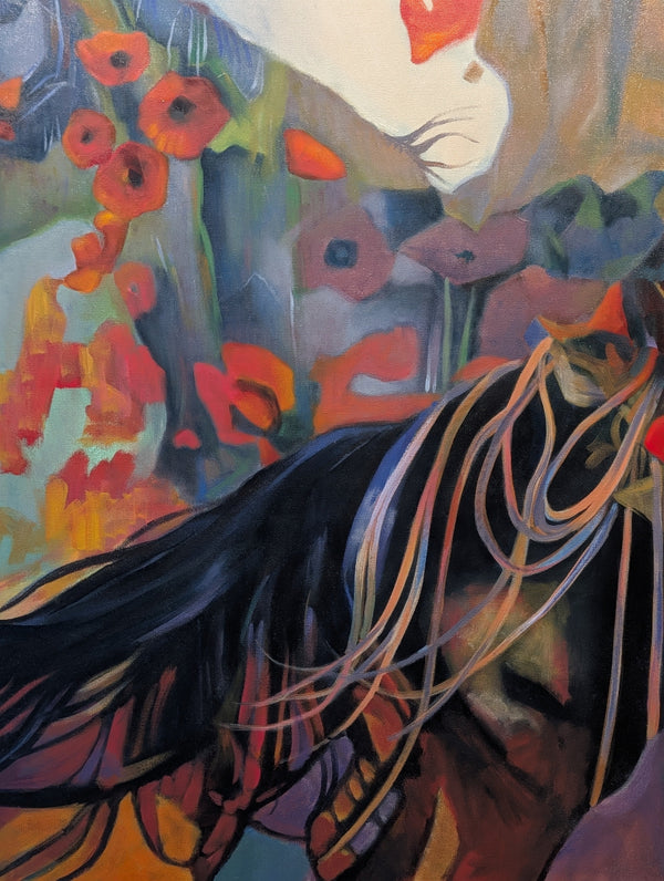 Colorful painting of a horse with flowers in the background