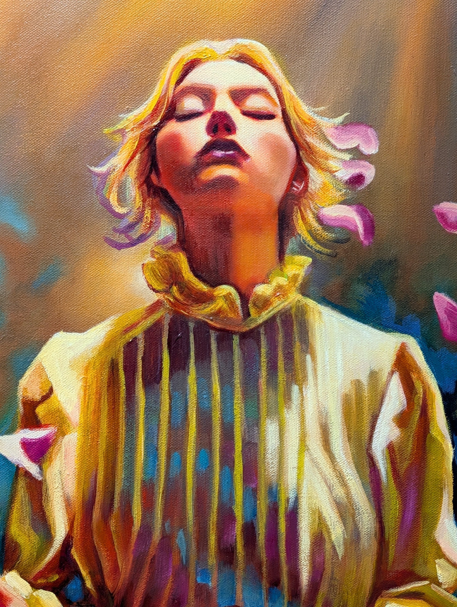 Artistic depiction of a person with closed eyes and a colorful background