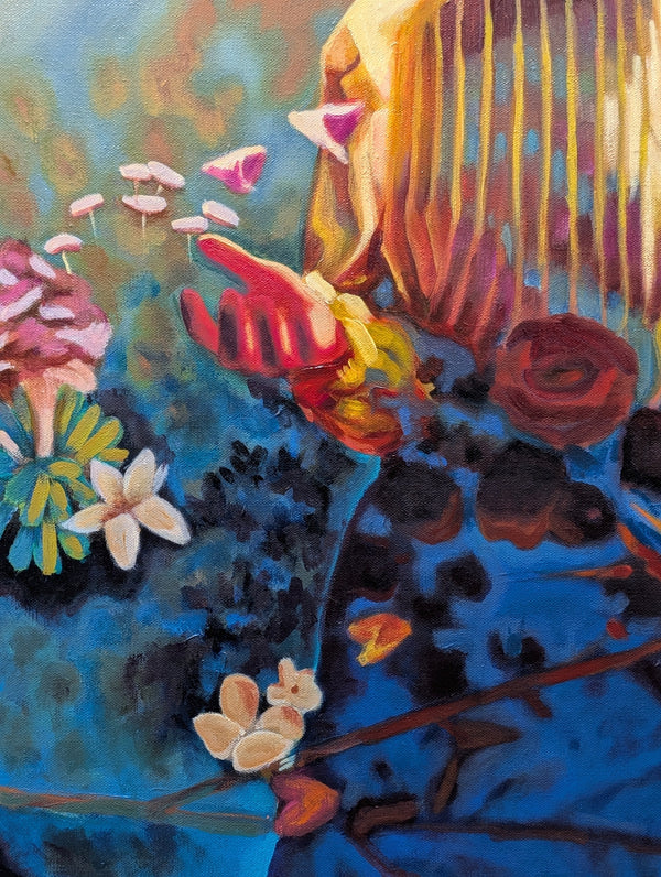 Colorful abstract painting with flowers and a skull