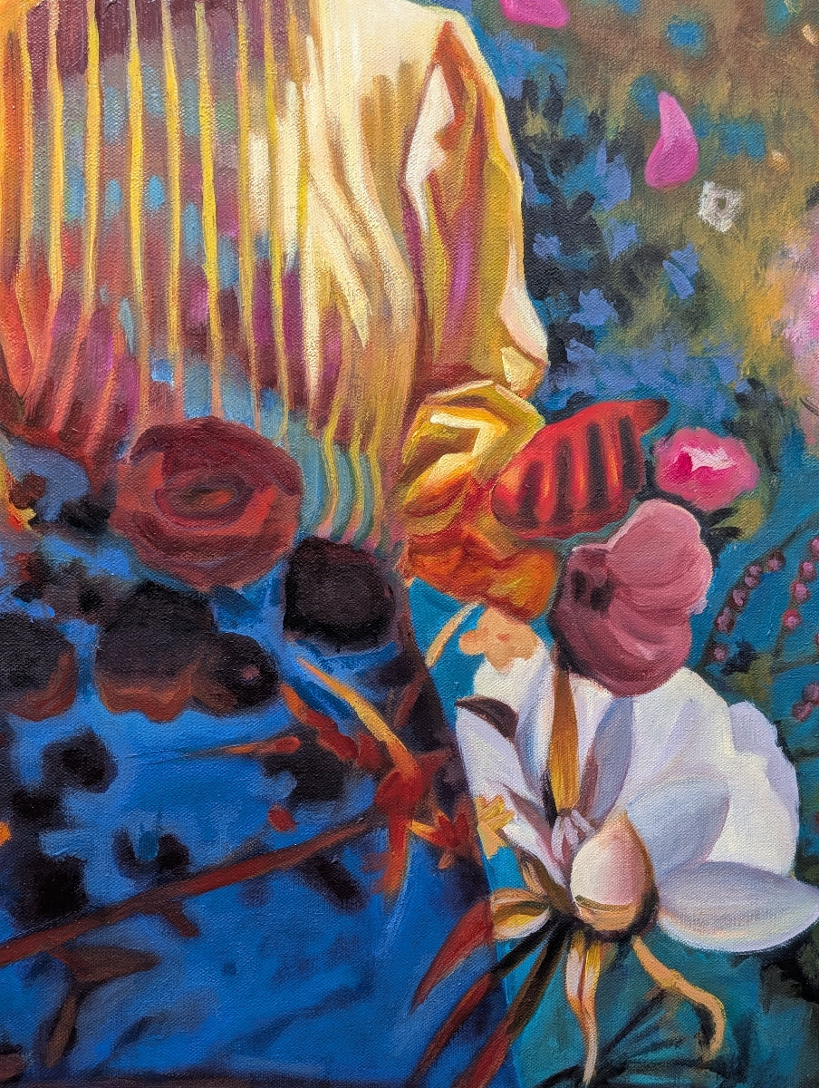 Colorful abstract painting with flowers and a person's face.