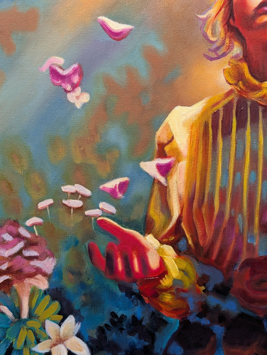 Colorful painting of a fish and underwater plants with a blurred background