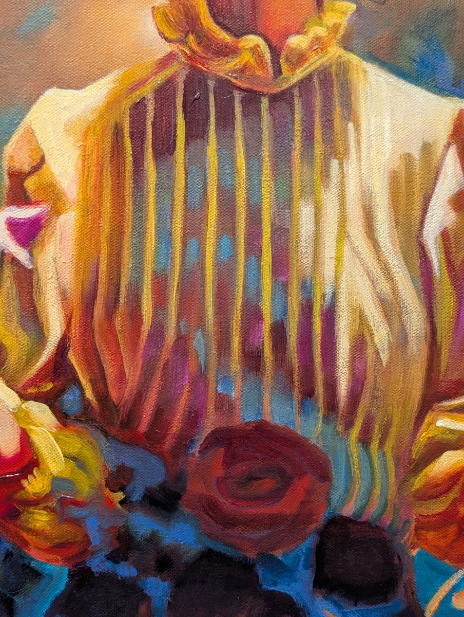 Colorful abstract painting with floral elements