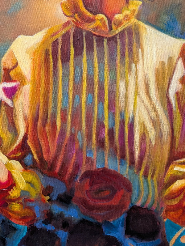 Colorful abstract painting with floral elements