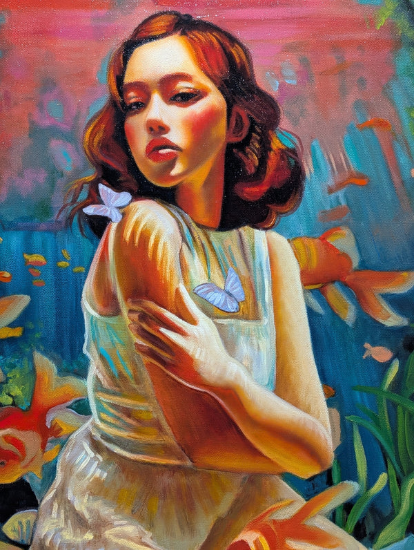 Artistic depiction of a woman with butterflies and fish in an underwater scene