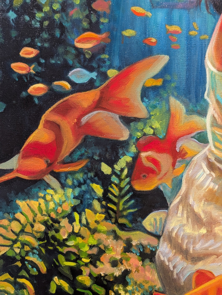 Colorful painting of goldfish in an aquarium with plants and water.