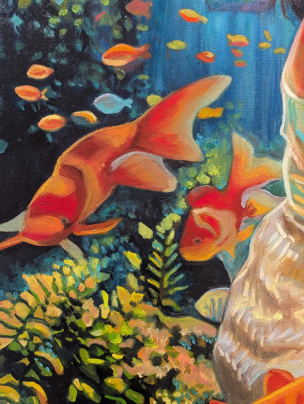 Colorful painting of goldfish in an aquarium with plants and water.
