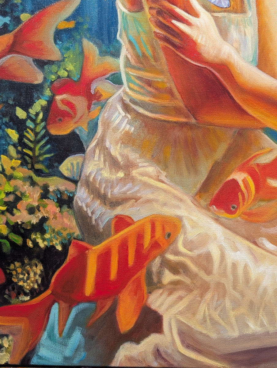 Artistic depiction of a person in a white dress with goldfish in an aquarium setting