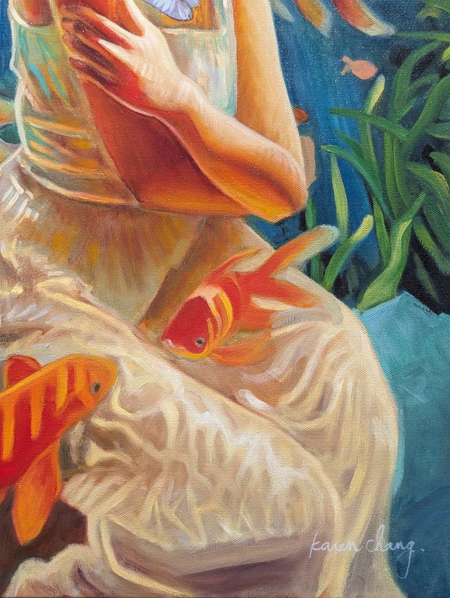 Artistic depiction of a person holding a shell with goldfish, surrounded by underwater plants.