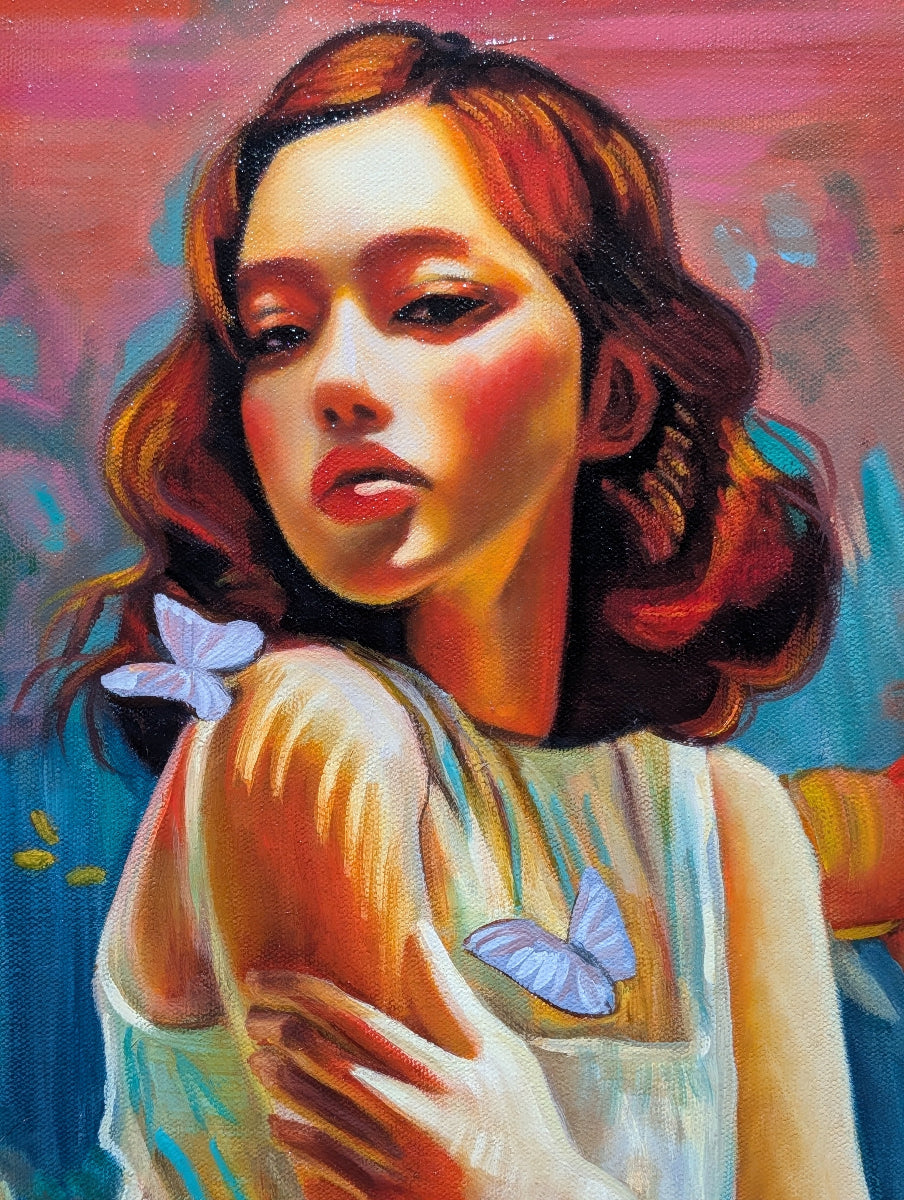 Artistic depiction of a person with butterflies on their shoulder against a colorful background