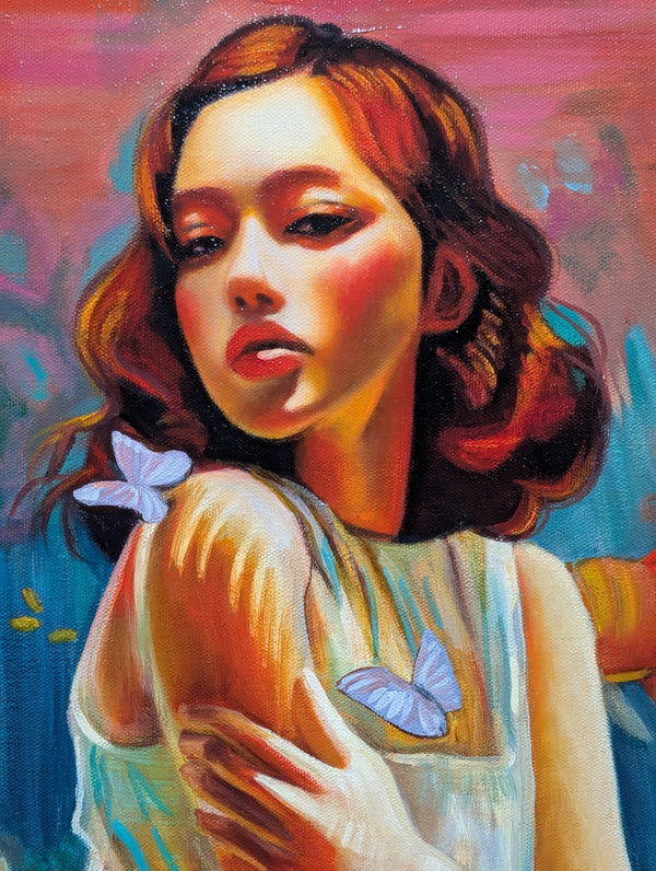 Artistic depiction of a person with butterflies on their shoulder against a colorful background