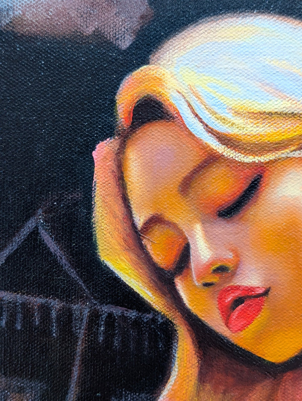 Close-up of a stylized portrait with a dark background